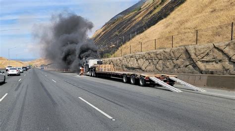 Big-rig fire on eastbound 580 in Livermore closes two lanes